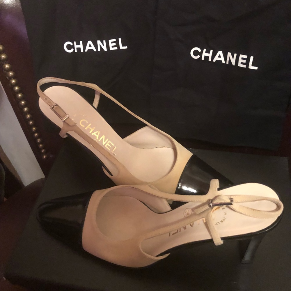 Chanel Nylon Patent Leather Slingback Heels 37.5